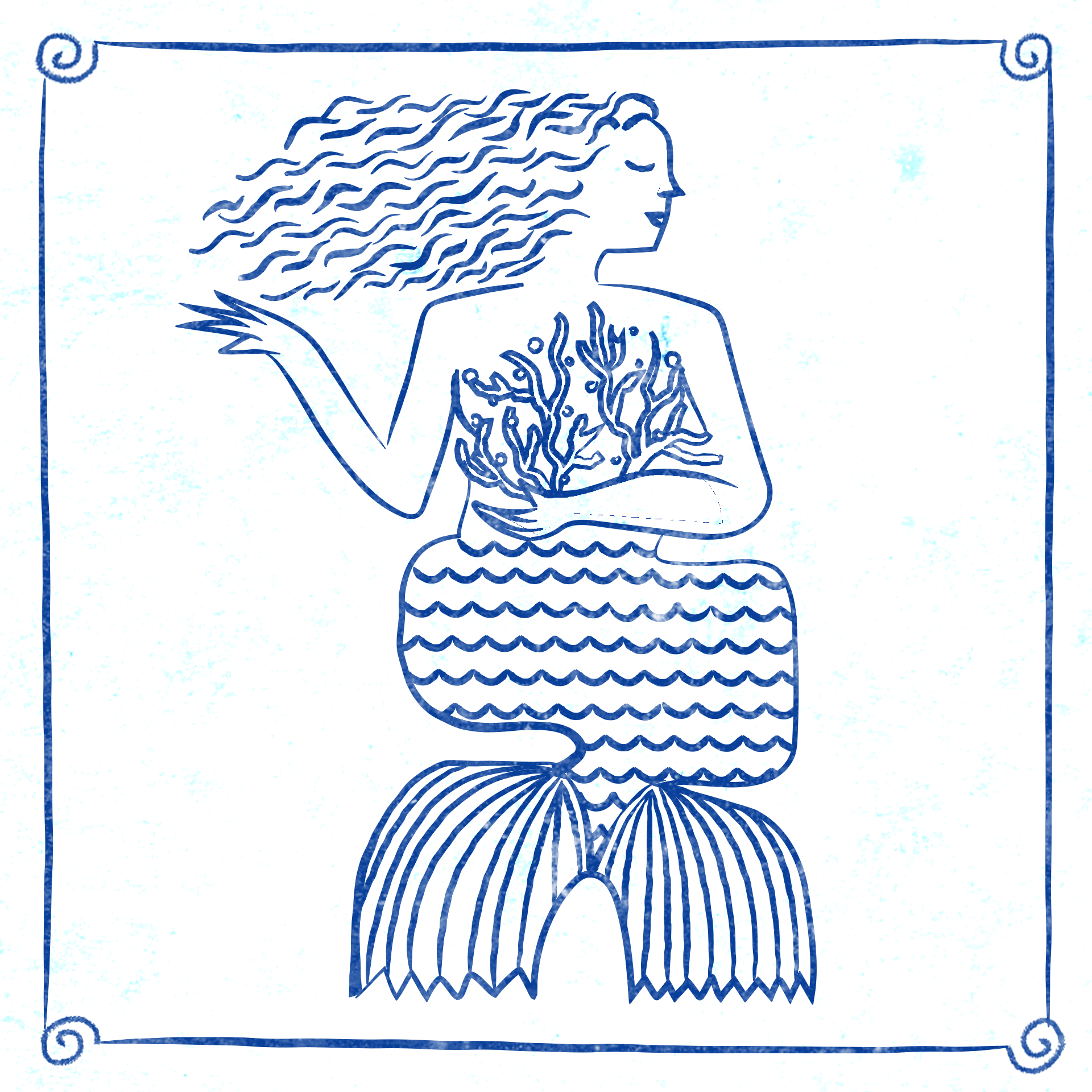 Bleu and white mermaid holding a piece of coral